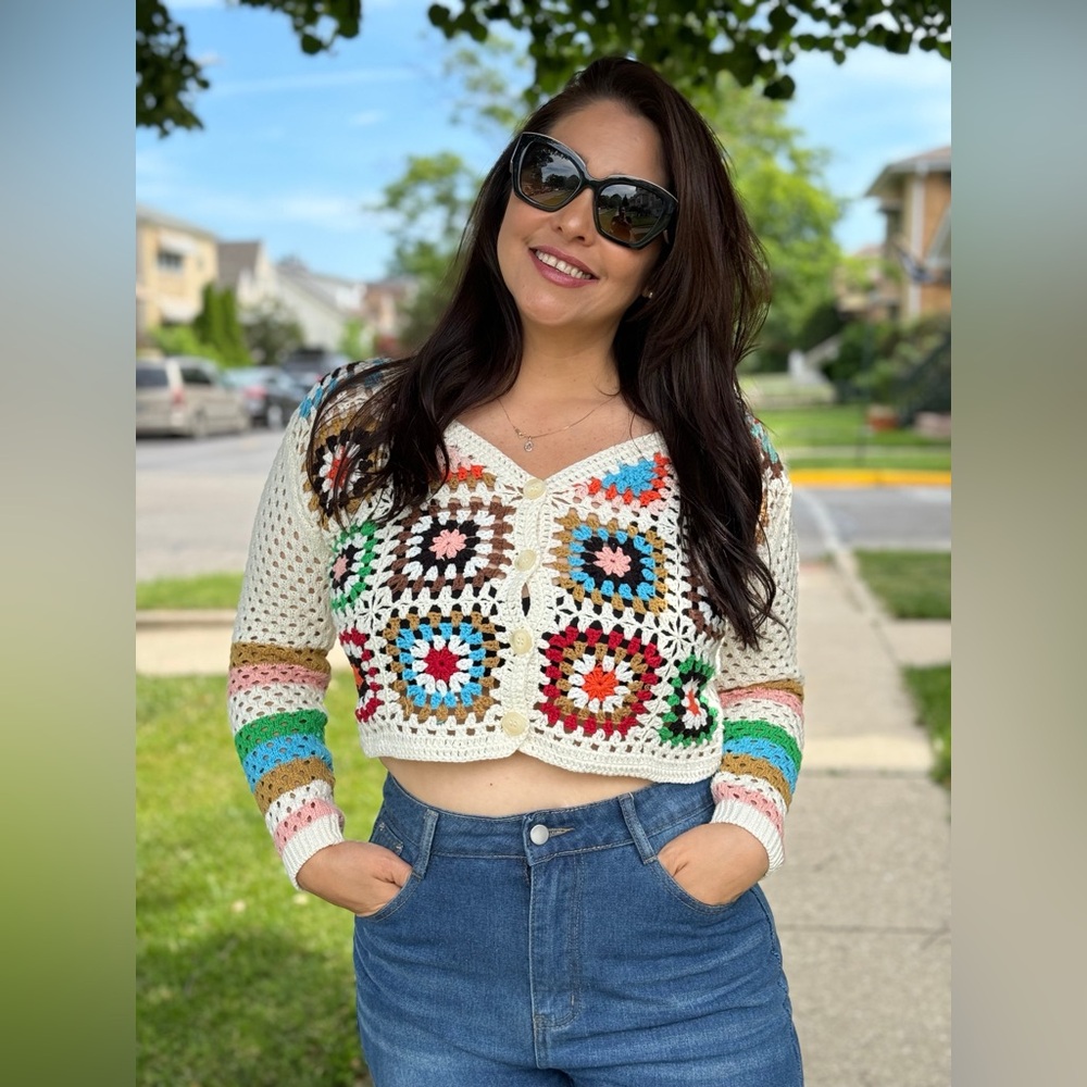 NEW WOMENS PATCHWORK CROCHET CARDIGAN MEDIUM